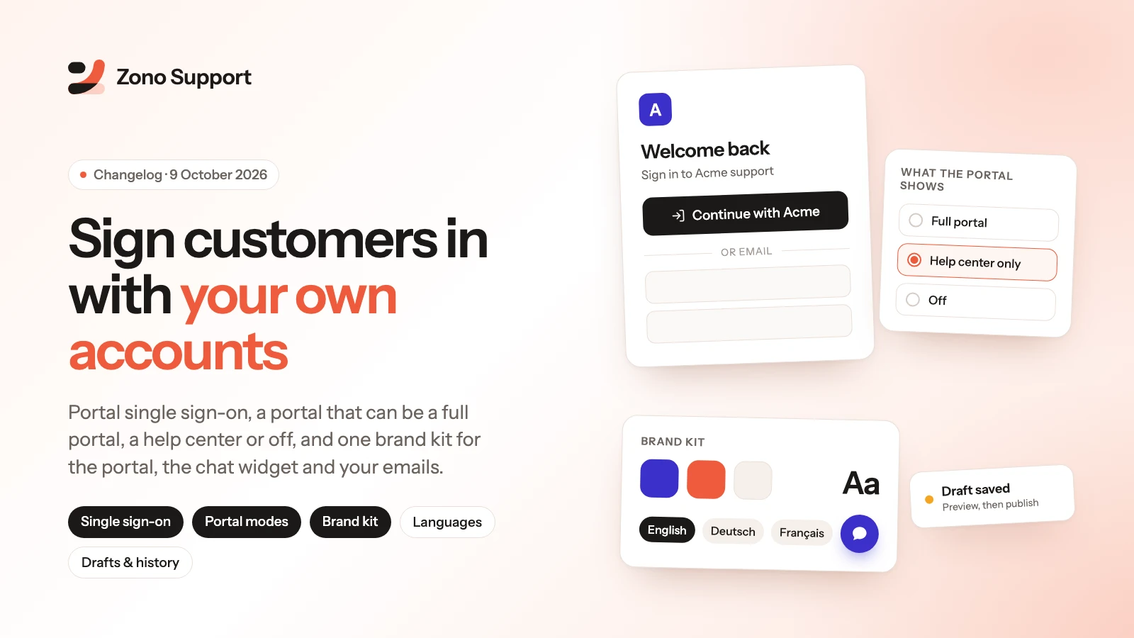 A portal sign-in card with a Continue with Acme button, a portal mode picker set to Help center only, and a brand kit with colours and languages.